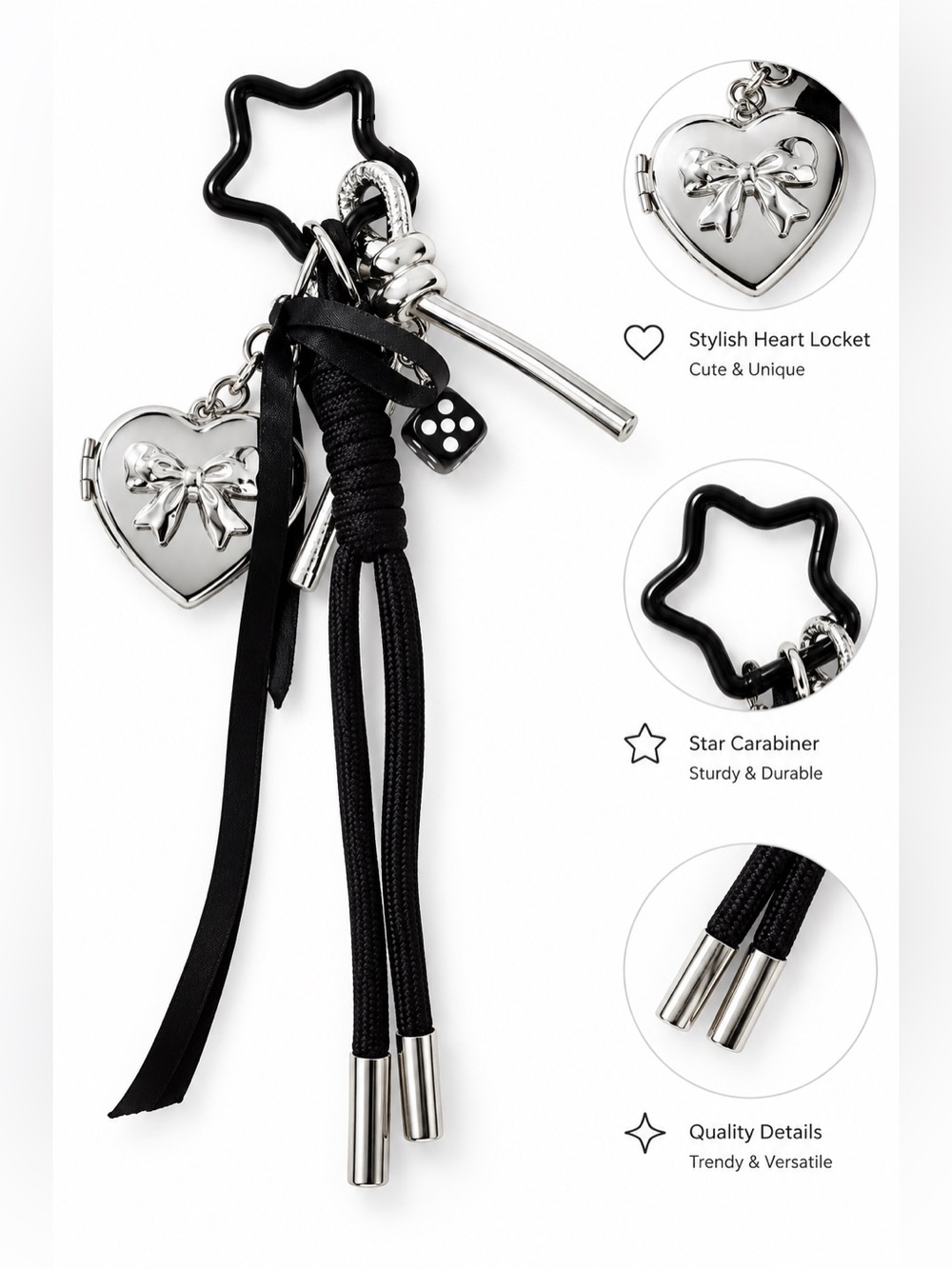 Silver Heart & Black Tassel bag Charm